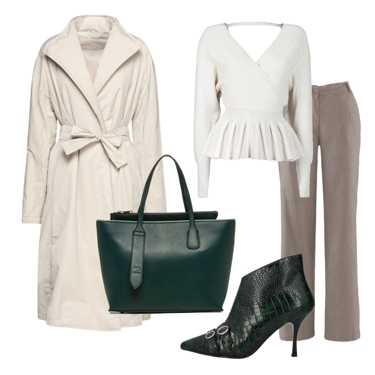 Outfit donna - Il bianco e il verde in autunno. Stile Casual chic per Ufficio. Abbinamento con pantaloni, cappotti, stivaletti, pullovers, borse a spalla.