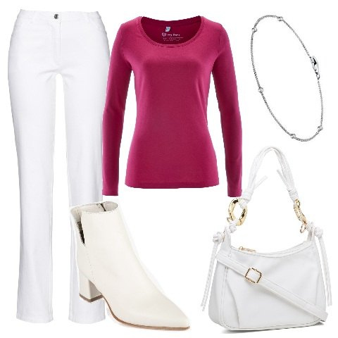 Outfit donna - Basic a nostro agio. Stile Basic per Tutti i giorni. Abbinamento con maglieria, pantaloni, stivaletti, borse a mano, braccialetti.
