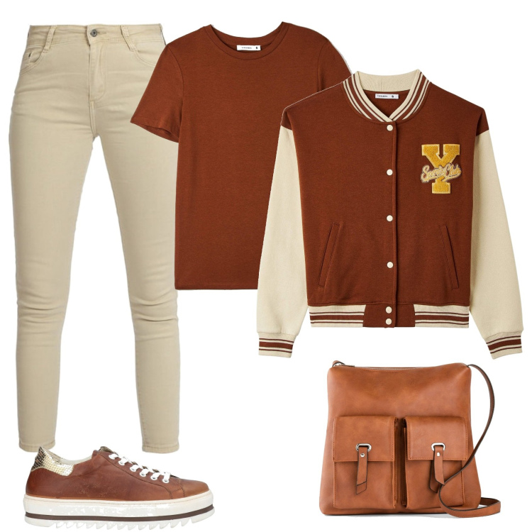 Outfit donna - Stile college. Stile Casual per Tutti i giorni. Abbinamento con borse a tracolla, sneakers, bomber, t-shirt, pantaloni.