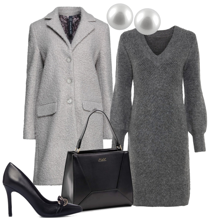 Outfit donna - Bon ton a chiaroscuri. Stile Bon Ton per Ufficio. Abbinamento con vestiti, cappotti, borse a spalla, décolleté, orecchini.