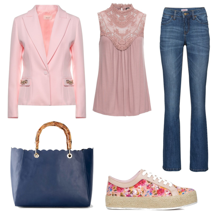 Outfit donna - Al lavoro con stile con PittaRosso. Stile Casual chic per Ufficio. Abbinamento con jeans bootcut, top, borse a mano, blazer, sneakers.