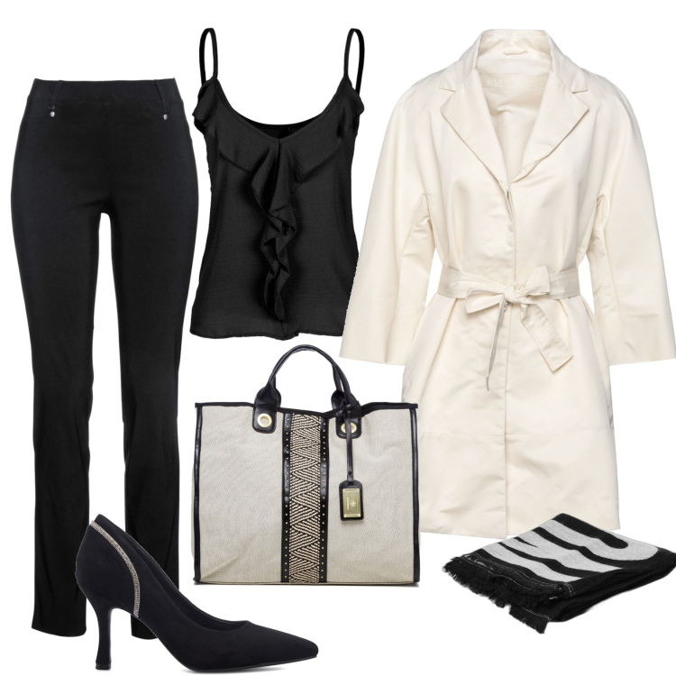 Outfit donna - Black and white. Stile Casual chic per Serata fuori. Abbinamento con pantaloni, cappotti, top, cappe, borse a mano, décolleté.