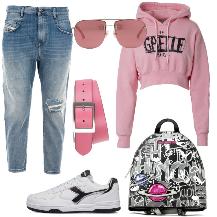 Outfit donna - Pittarosso Urban. Stile Urban per Scuola/Università. Abbinamento con cinture, occhiali da sole, jeans, zaini, sneakers, felpe con cappuccio.