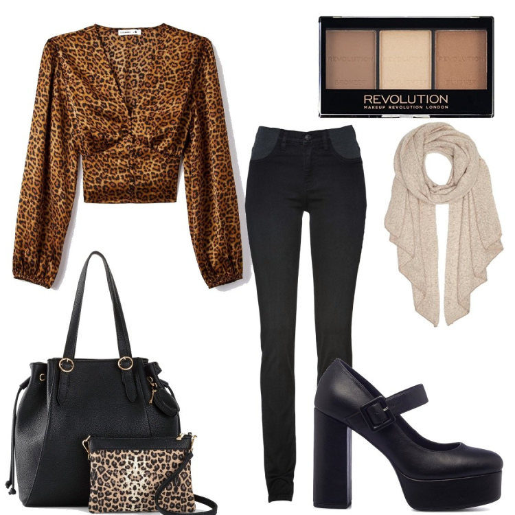 Outfit donna - La blusa animalier. Stile Trendy per Ufficio. Abbinamento con jeans skinny, shopping bag, bluse, décolleté, ombretti, sciarpe.