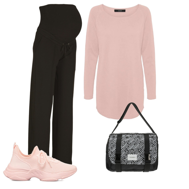Outfit donna - Pink Power. Stile Basic per Tutti i giorni. look ideale per Premaman. Abbinamento con pantaloni, borse a tracolla, pullovers, sneakers.