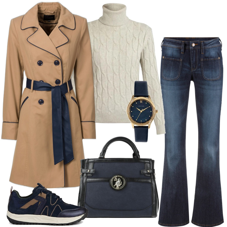 Outfit donna - Jeans e trench. Stile Basic per Tutti i giorni. Abbinamento con trench, jeans bootcut, borse a mano, maglieria, sneakers, orologi.