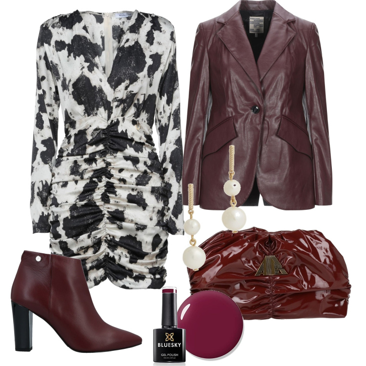 Outfit donna - Stasera in borgogna. Stile Chic per Serata fuori. Abbinamento con stivaletti, blazer, vestiti corti, borse a mano, orecchini, smalti.
