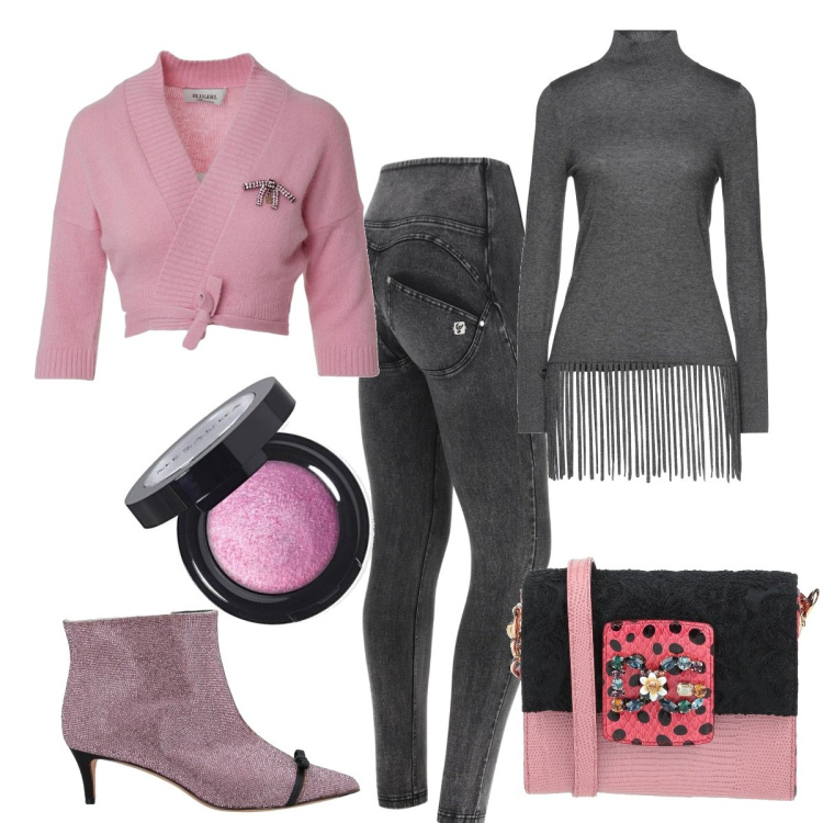 Outfit donna - Grigio & rosa. Stile Chic per Tutti i giorni. Abbinamento con stivaletti, maglieria, borse a tracolla, jeans skinny, cardigans, ombretti.