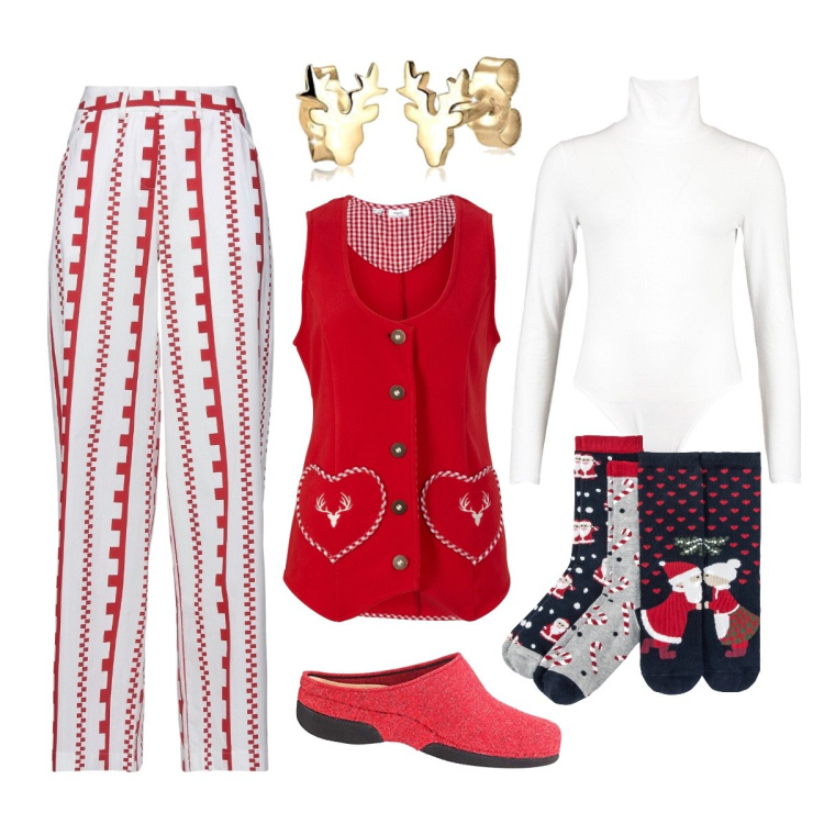Outfit femme - En Cuisine - Sablés De Noël. Style Casual pour Tous les jours. Assortir avec gilets sans manche, socquettes, pantalon , mules, body, boucles d'oreilles.