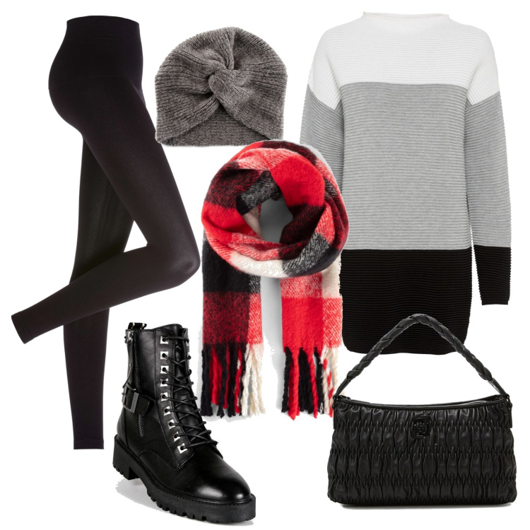 Outfit donna - Quadri e frange lunghe. Stile Casual per Tutti i giorni. Abbinamento con maglieria, leggings, berretti, sciarpe, anfibi, borse a spalla.