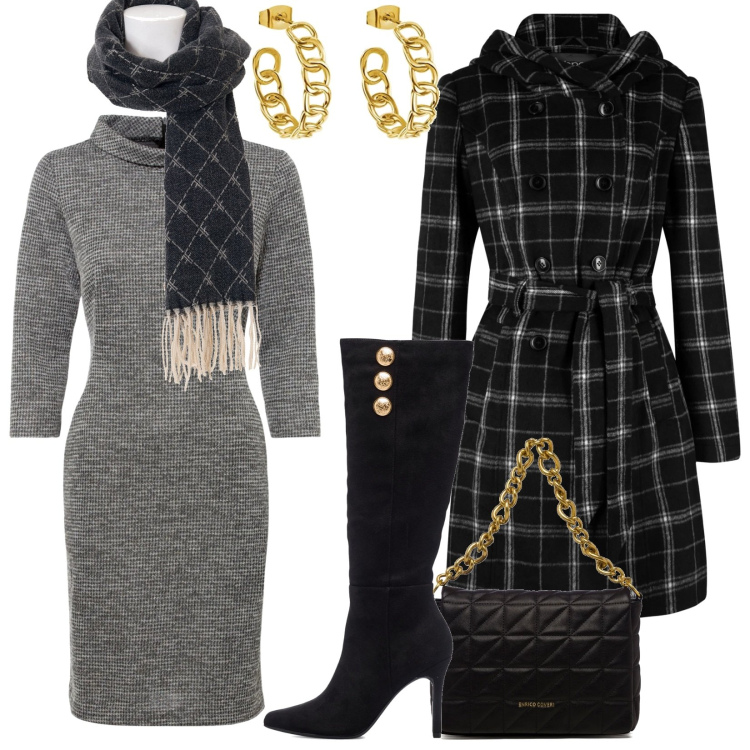 Outfit donna - Total look #1429637. Stile Sporty chic per Tutti i giorni. Abbinamento con vestiti, cappotti, sciarpe, stivali sopra il ginocchio, borse a tracolla, orecchini.
