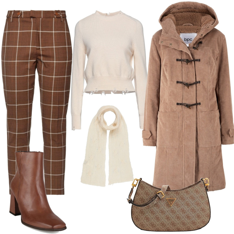 Outfit donna - Caldo Montgomery. Stile Casual chic per Ufficio. Abbinamento con montgomery, pantaloni, pullovers, sciarpe, stivaletti, borse a tracolla.