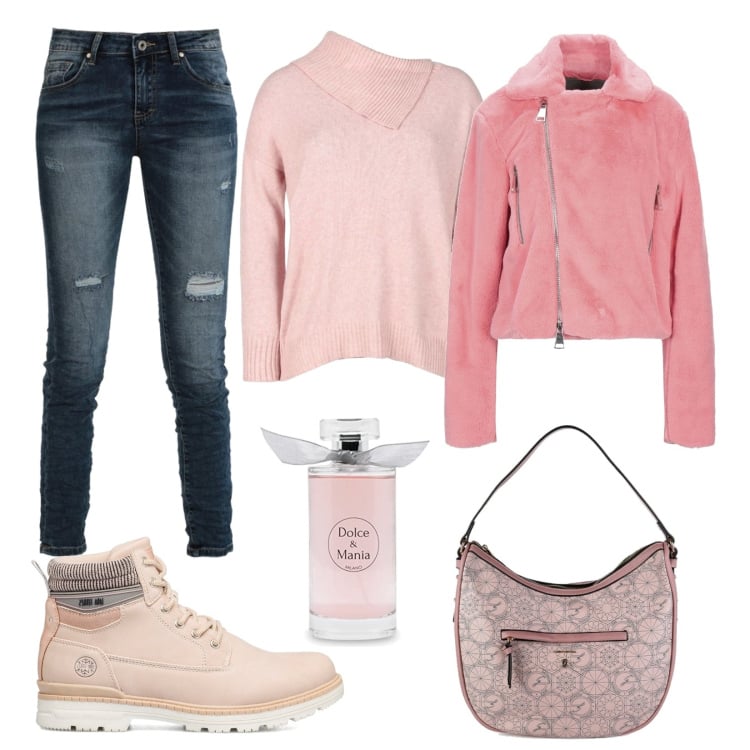 Outfit donna - Pittarosso Pink. Stile Basic per Tutti i giorni. Abbinamento con cappotti, jeans strappati, maglieria, borse a spalla, anfibi, profumi.