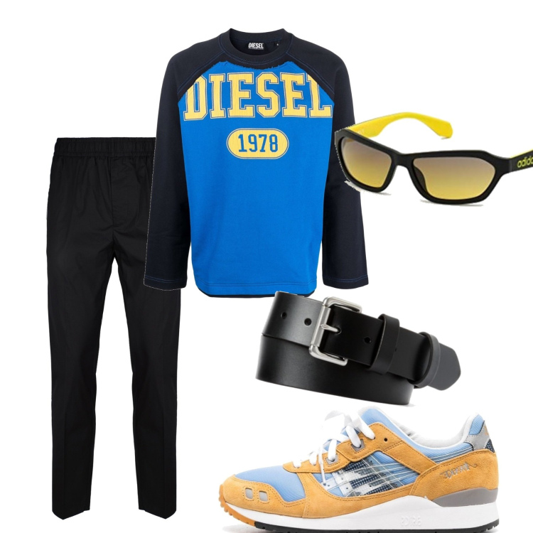 Outfit uomo - Yellow. Stile Casual per Tutti i giorni. Abbinamento con pantaloni, t-shirt, sneakers, cinture, occhiali da sole.