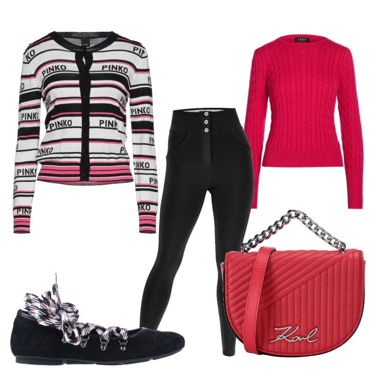 Outfit donna - Total look #1429714. Stile Casual chic per Tutti i giorni. Abbinamento con ballerine, cardigans, marsupi, pantaloni skinny, maglieria.