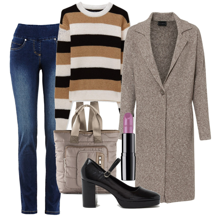 Outfit donna - Il cappottone sui jeans. Stile Chic per Ufficio. Abbinamento con cappotti, jeans, zaini, maglieria, scarpe col tacco, rossetti.