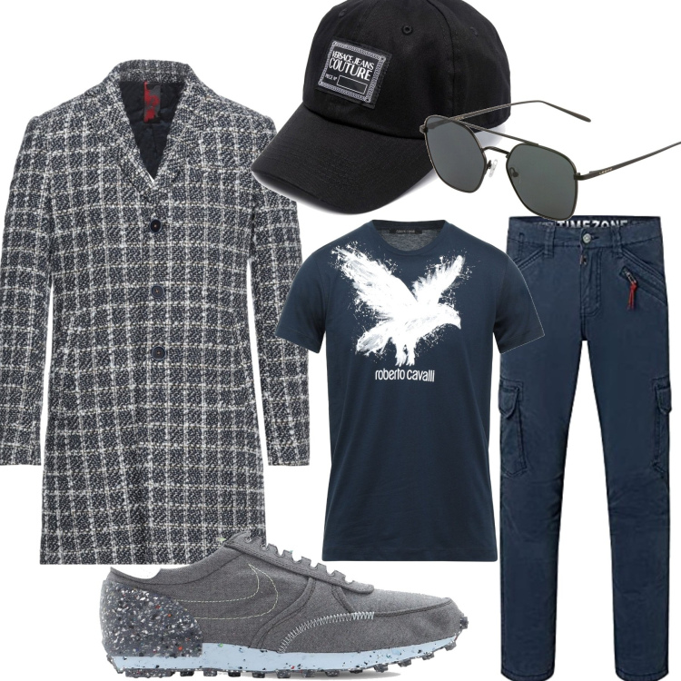 Outfit uomo - Trendy in città. Stile Trendy per Tutti i giorni. Abbinamento con cappelli, occhiali da sole, cappotti, t-shirt, sneakers, pantaloni skinny.