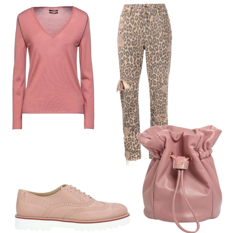 Outfit donna - Borsa secchiello rosa. Stile Casual per Tutti i giorni. Abbinamento con scarpe stringate, pullovers, pantaloni, borse a secchiello.
