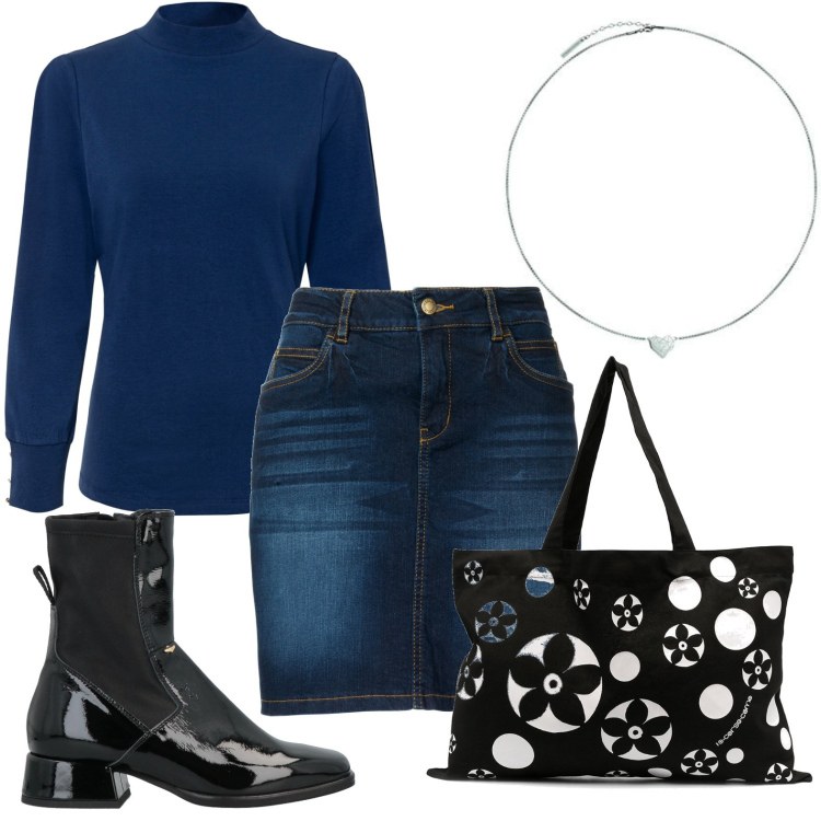 Outfit donna - Con la dolcevita blu. Stile Casual chic per Tutti i giorni. Abbinamento con gonne, maglieria, stivaletti, borse tote, collane.