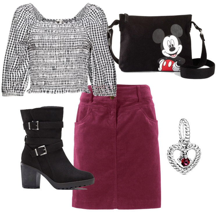 Outfit donna - A spasso con Topolino. Stile Preppy per Tutti i giorni. Abbinamento con gonne lunghe, stivali, borse a tracolla, camicie, braccialetti.