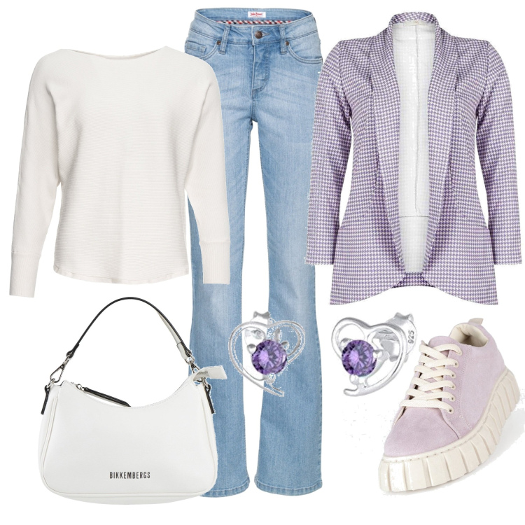 Outfit donna - Lavoro in jeans e scarpette. Stile Casual chic per Ufficio. Abbinamento con jeans bootcut, maglieria, borse a mano, blazer, sneakers, orecchini.