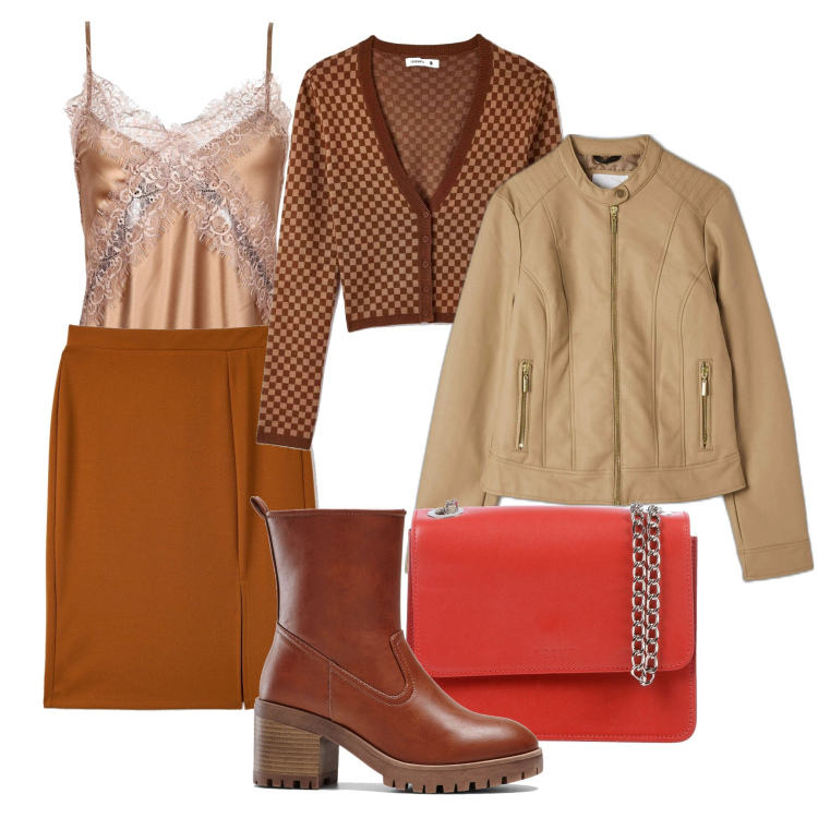 Outfit donna - Autunno molto femminile. Stile Chic per Serata fuori. Abbinamento con stivaletti, borse a tracolla, cardigans, gonne, cappotti, top.