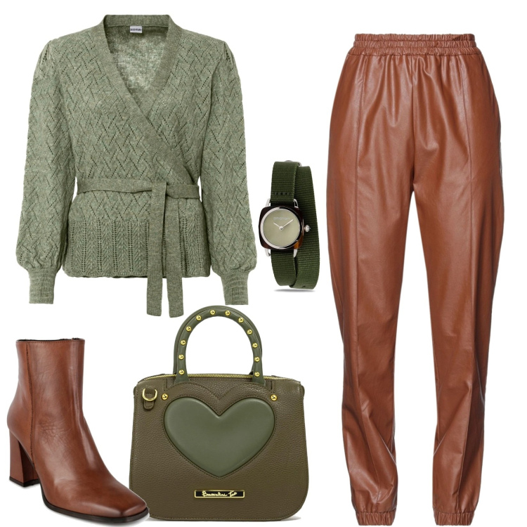 Outfit donna - Salvia e cannella. Stile Casual chic per Tutti i giorni. Abbinamento con maglieria, pantaloni, stivaletti, borse a mano, orologi.