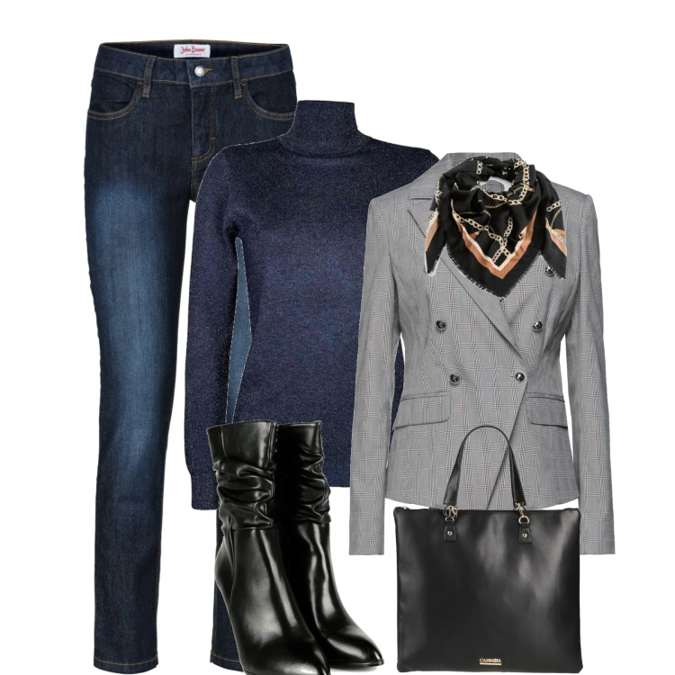 Outfit donna - In ufficio. Stile Casual chic per Ufficio. Abbinamento con jeans slim fit, foulard, blazer, borse a mano, stivaletti, pullovers.