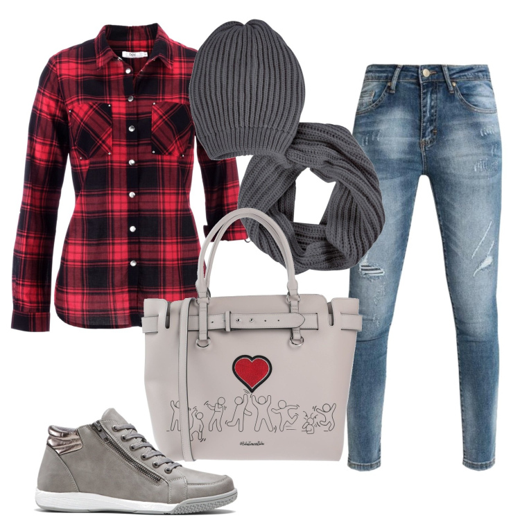 Outfit donna - Love&squares. Stile Casual per Tutti i giorni. Abbinamento con sneakers alte, camicie, berretti, borse a mano, jeans strappati.