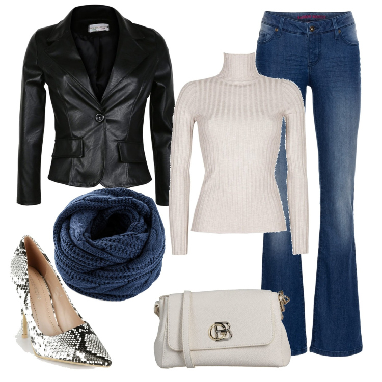 Outfit donna - Tutti giorni. Stile Casual chic per Tutti i giorni. Abbinamento con jeans bootcut, foulard, borse a tracolla, pullovers, giacche, décolleté.