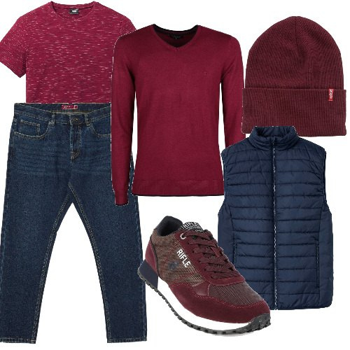 Outfit uomo - Blu e rosso, un classico. Stile Casual per Tutti i giorni. Abbinamento con gilet, t-shirt, sneakers, pullovers, jeans, berretti.
