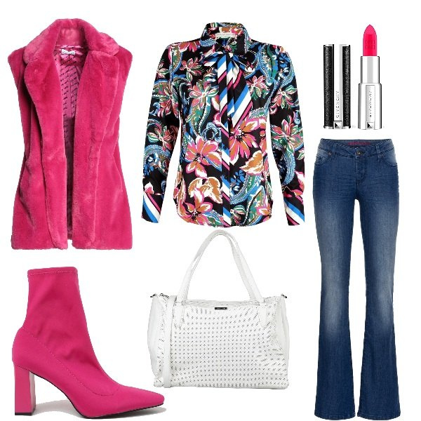 Outfit donna - Un tocco fucsia. Stile Trendy per Tutti i giorni. Abbinamento con jeans bootcut, cappotti, borse a mano, camicie, scarpe col tacco, rossetti.