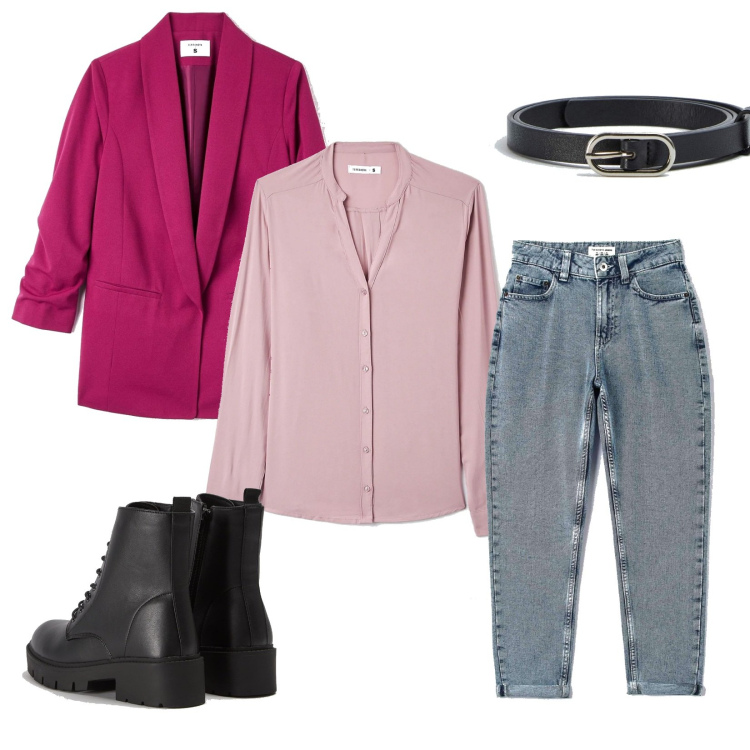 Outfit donna - Passeggiata colorata. Stile Casual chic per Tutti i giorni. Abbinamento con camicie, jeans mom, giacche, anfibi, cinture.