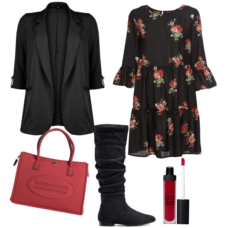 Outfit donna - Abito a fiori. Stile Chic per Tutti i giorni. look ideale per Tall. Abbinamento con stivali, vestiti, borse a mano, blazer, gloss.