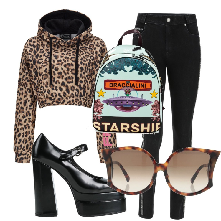 Outfit donna - Total look #1430793. Stile Urban per Tutti i giorni. Abbinamento con décolleté, occhiali da sole, zaini, jeans skinny, felpe con cappuccio.