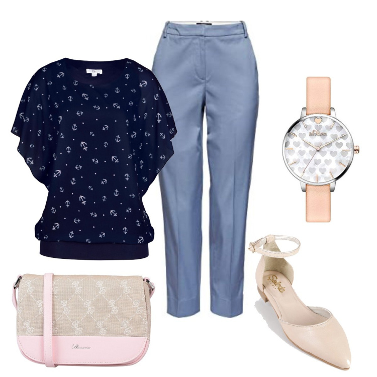 Outfit donna - Armonia di forme. Stile Bon Ton per Ufficio. look ideale per Tall. Abbinamento con bluse, borse a tracolla, décolleté, pantaloni, orologi analogici.