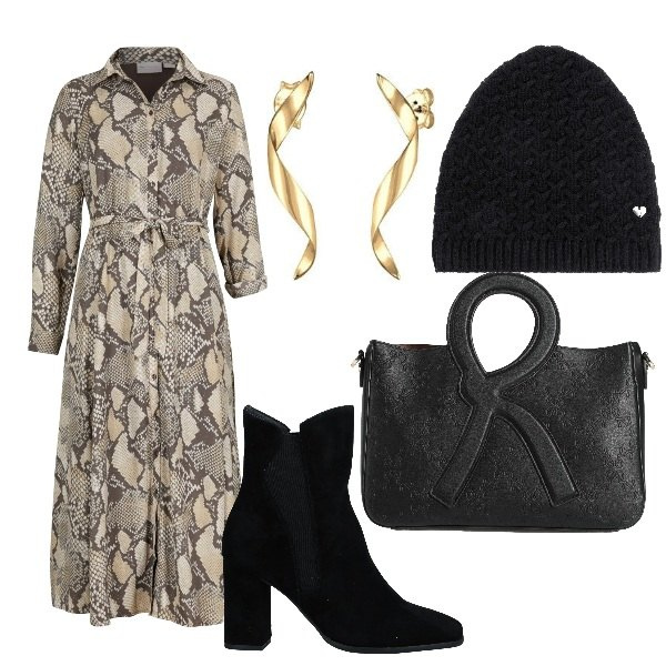 Outfit donna - Armonia di forme. Stile Sexy per Serata fuori. look ideale per Tall. Abbinamento con berretti, vestiti chemisier, stivaletti, borse a mano, orecchini.