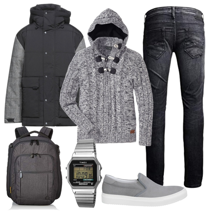 Outfit uomo - Grigio. Stile Urban per Tutti i giorni. Abbinamento con maglieria, piumini, sneakers, jeans slim fit, orologi digitali, borse sportive.