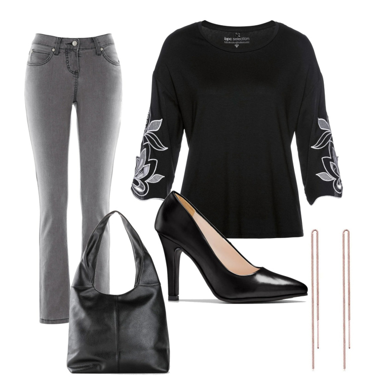 Outfit donna - Total look #1431000. Stile Casual chic Abbinamento con jeans slim fit, maglieria, borse a spalla, décolleté, orecchini.