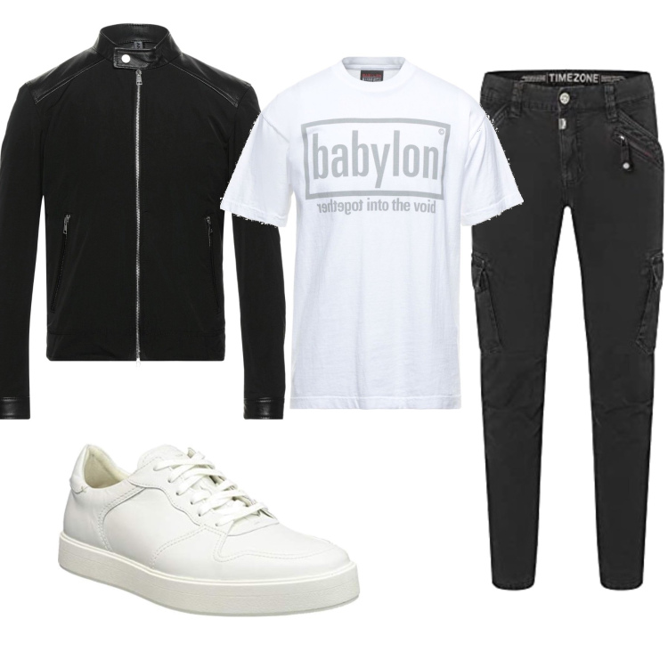 Outfit uomo - Bianco e nero. Stile Casual per Tutti i giorni. Abbinamento con giacche, t-shirt, pantaloni cargo, scarpe stringate.
