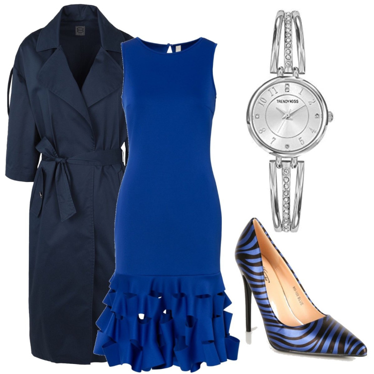 Outfit donna - Raffinata per la sera. Stile Bon Ton per Serata fuori. Abbinamento con trench, vestiti lunghi, décolleté, orologi analogici.