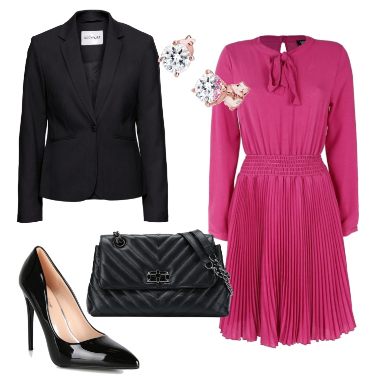 Outfit donna - Abitino bon ton. Stile Bon Ton per Ufficio. Abbinamento con blazer, borse a tracolla, vestiti lunghi, décolleté, orecchini.