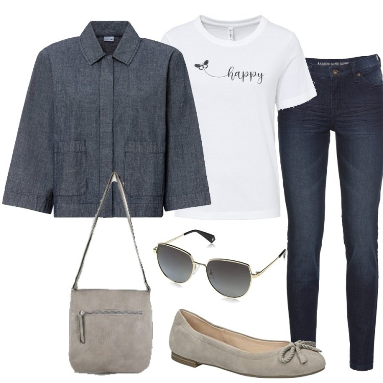 Outfit donna - Total look #1431198. Stile Basic per Scuola/Università. look ideale per Tall. Abbinamento con jeans skinny, t-shirt, blazer, borse a tracolla, ballerine, occhiali da sole.