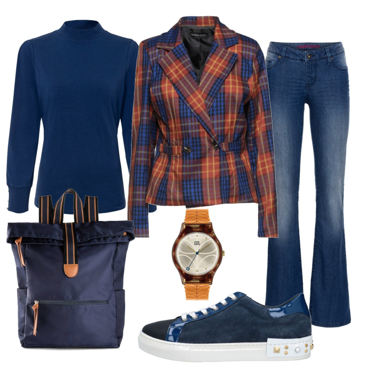 Outfit donna - In università. Stile Casual chic per Scuola/Università. Abbinamento con zaini, jeans bootcut, maglieria, blazer, sneakers, orologi analogici.