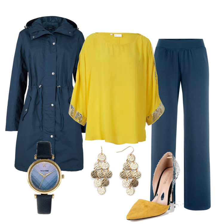 Outfit donna - Giallo oro. Stile Casual chic per Serata fuori. Abbinamento con parka, tuniche, pantaloni, orecchini, décolleté, orologi.