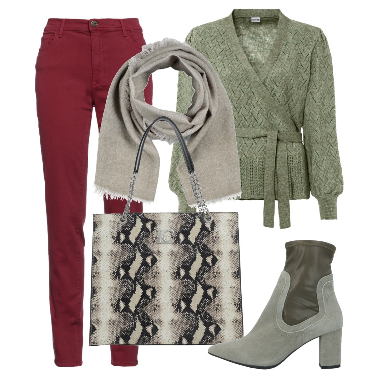 Outfit donna - Verde&Mattone. Stile Casual per Ufficio. look ideale per Tall. Abbinamento con maglieria, pantaloni, stivaletti, borse a mano, sciarpe.