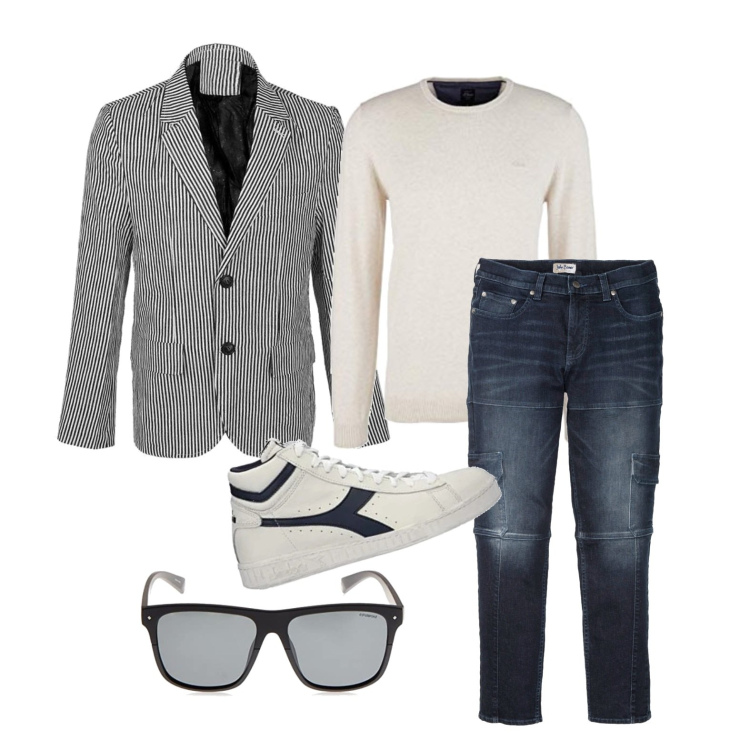 Outfit uomo - Pomeriggio libero. Stile Casual per Tutti i giorni. Abbinamento con jeans slim fit, giacche, maglieria, occhiali da sole, sneakers.