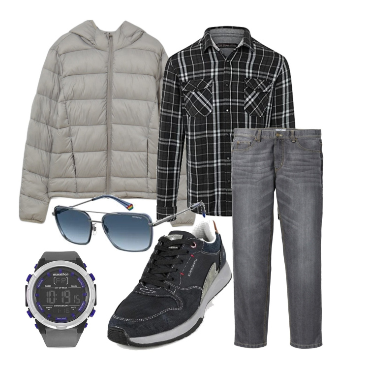 Outfit uomo - In costante movimento. Stile Trendy per Tutti i giorni. Abbinamento con jeans dritti, sneakers, giacche, occhiali da sole, camicie, orologi digitali.