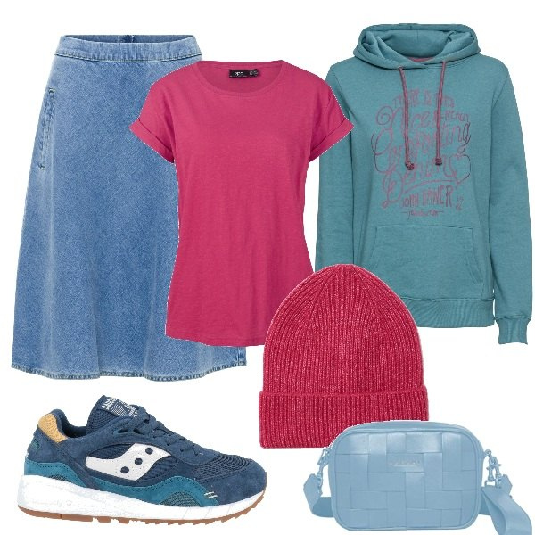 Outfit donna - Felpa con cappuccio e gonna jeans. Stile Casual chic per Scuola/Università. Abbinamento con t-shirt, felpe con cappuccio, gonne, sneakers, cappelli con visiera, borse a tracolla.