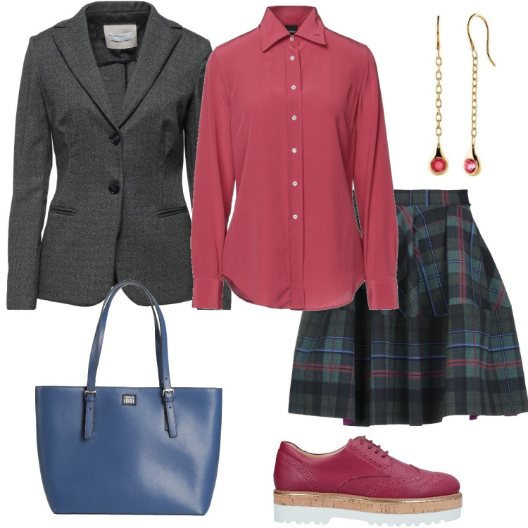 Outfit donna - Scuola. Stile Preppy per Scuola/Università. Abbinamento con scarpe stringate, blazer, minigonne, borse a mano, camicie, orecchini.
